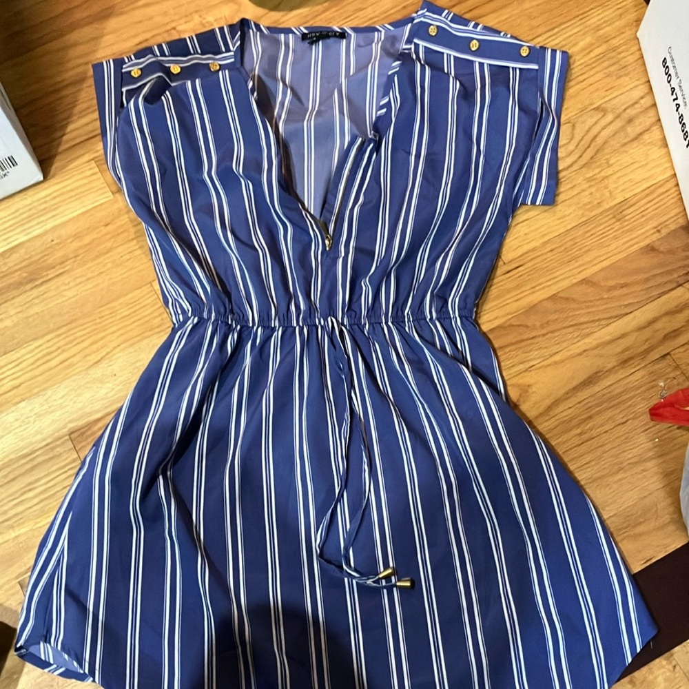 Navy Striped Mini Dress with Gold Accents